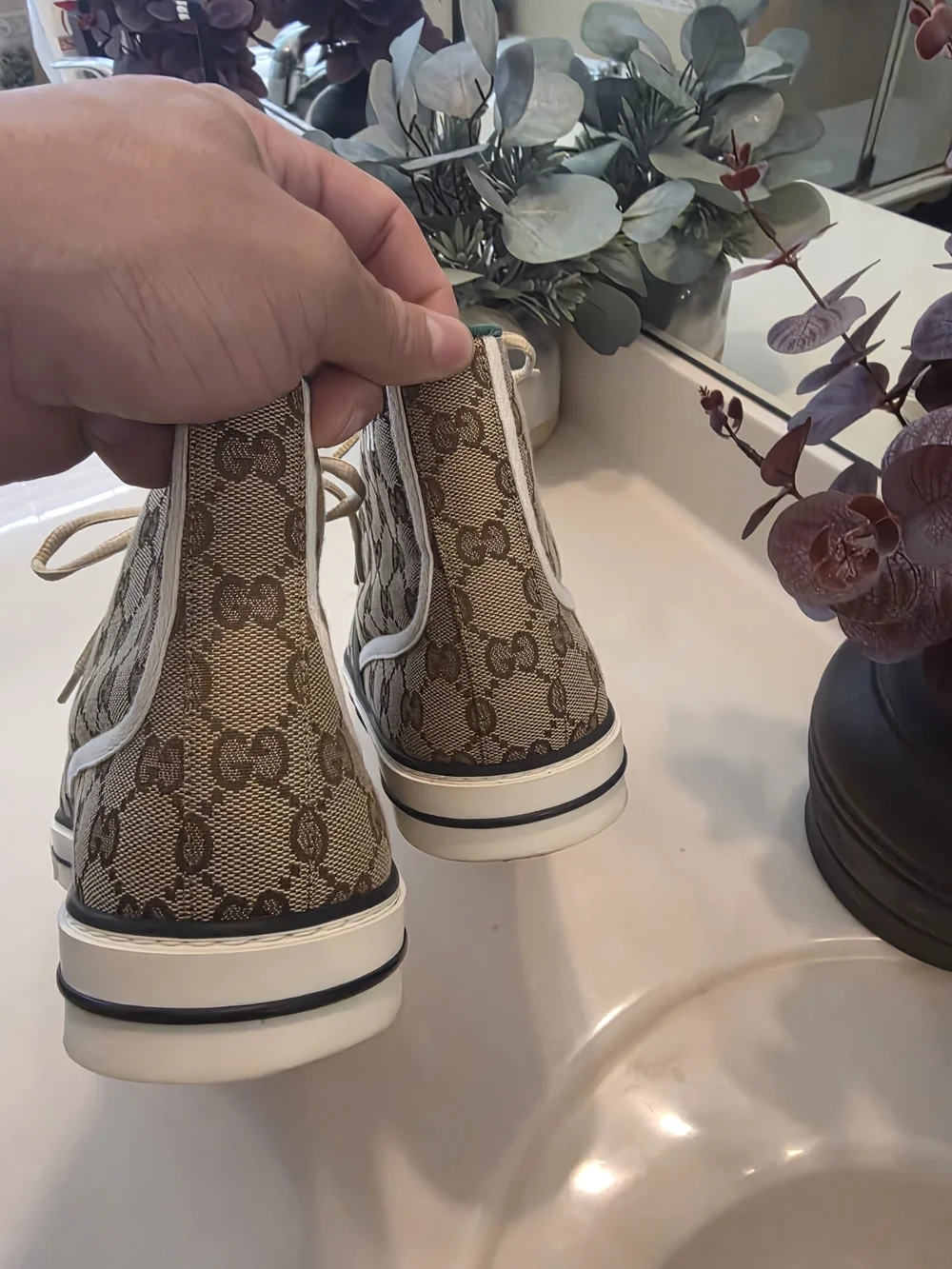 Gucci High-Top GG Canvas Sneakers in Beige with Green Trim